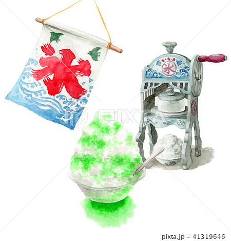 水彩で描いたかき氷と氷かき機のイラスト素材