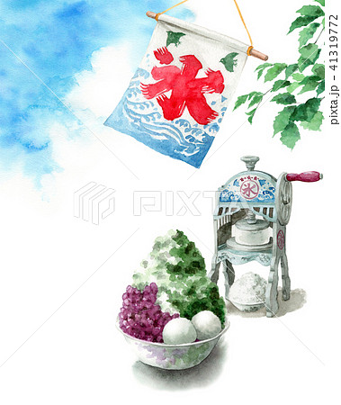 水彩で描いたかき氷と氷かき機と青空 41319772