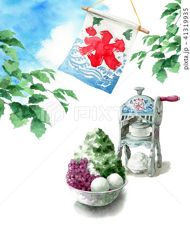 水彩で描いたかき氷と氷かき機と青空 41319935