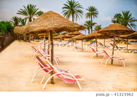 Focus on parasol. Sunbeds on snow-white sand 41323962