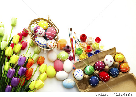 Decorated eggs and spring flowers tulips 41324335