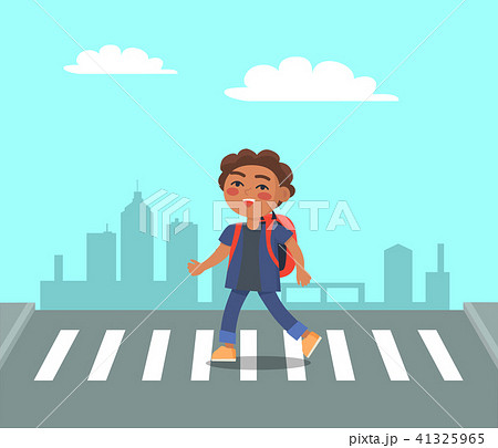 Smiling Boy at Crosswalk on Urban City Background. 41325965
