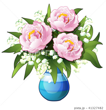 Bouquet of flowers lilies of the valley and peonies in a blue vase isolated on white background 41327482