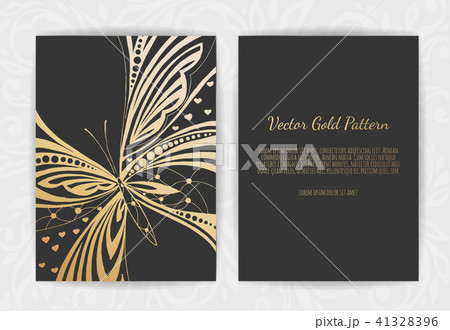 Gold greeting card on a black background. Luxury ornament template. Stylized butterfly. 41328396