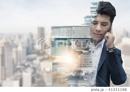 Double exposure businessman using mobile phone. 41331198