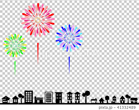花火と街並みのシルエットのイラスト素材