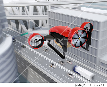 高速道路の上空を飛行するVTOL式配達ドローンのイメージ。超高速配達のコンセプト 高速道路の上空を飛行するVTOL式配達ドローンのイメージ。超高速配達のコンセプト 41332741