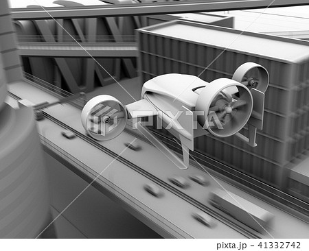 高速道路の上空を飛行するVTOL式配達ドローンのグレイシェーディングイメージ 41332742