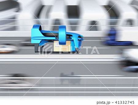高速道路の横に飛行している青色のvtol式配達ドローンのイメージ 超高速配達のコンセプトのイラスト素材