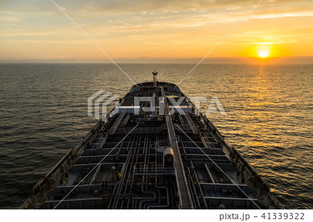 Deck of small product tanker during sunset. 41339322