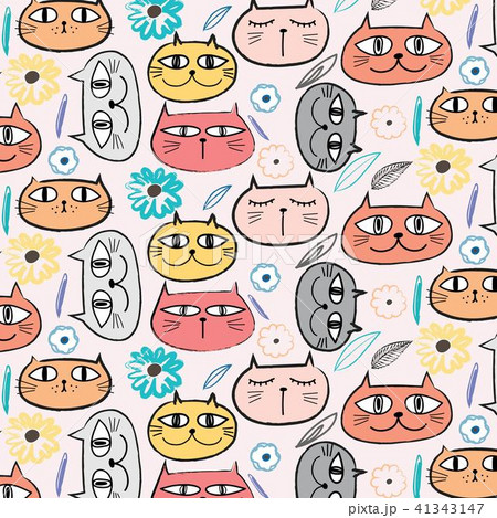 Cute Cat And Floral Pattern Background. Cute Cat And Floral Pattern Background. 41343147
