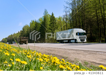 Long truck driving along a road with yellow dandelians growing at roadside 41343611
