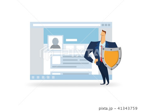 GDPR, AVG, DSGVO, DPO. Man with the shield in front of open browser window. GDPR officer protecting 41343759