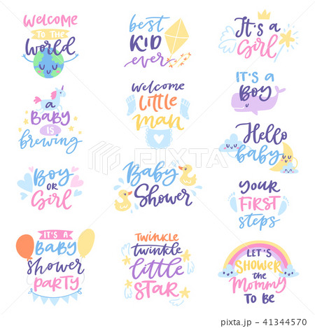 Baby shower sign vector boy or girl newborn kids birth party lettering text with calligraphy letters Baby shower sign vector boy or girl newborn kids birth party lettering text with calligraphy letters 41344570