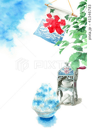 かき氷と木の枝と青空の暑中見舞いハガキ 41346783