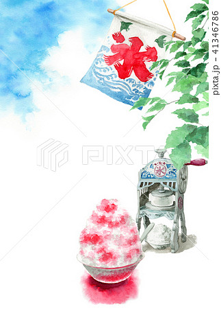 かき氷と木の枝と青空の暑中見舞いハガキ 41346786