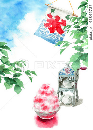 かき氷と木の枝と青空の暑中見舞いハガキ 41346787