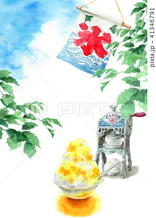 かき氷と木の枝と青空の暑中見舞いハガキ 41346791