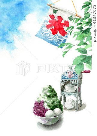 かき氷と木の枝と青空の暑中見舞いハガキ 41347075