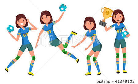 Handball Young Woman Player Vector. Girl Athlete. Throws Ball In Jump. Attack Figure. Flat Cartoon Handball Young Woman Player Vector. Girl Athlete. Throws Ball In Jump. Attack Figure. Flat Cartoon 41349105
