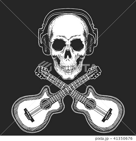Rock music festival. Cool print with skull and headphones for poster, banner, t-shirt. Guitars Rock music festival. Cool print with skull and headphones for poster, banner, t-shirt. Guitars 41350676