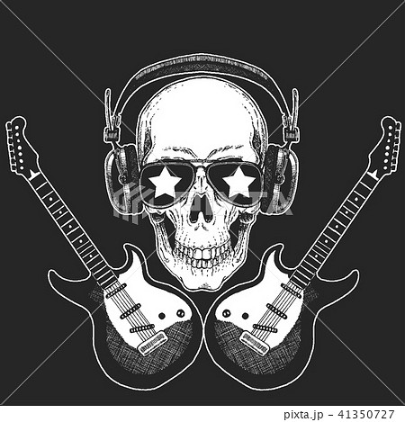 Cool rock star skull wearing disco glasses and headphones Retro music festival. Wings. Heavy metall 41350727