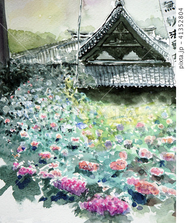 あじさい寺 手書き スケッチのイラスト素材