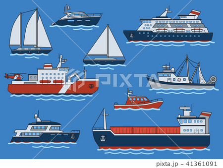 Set of different type ships and boats. Freighter, icebreaker, cruiser, yacht, trawler, speedboat 41361091