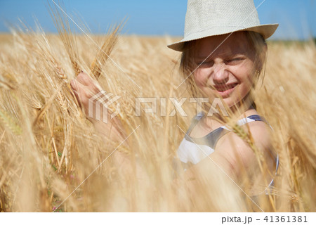child girl walking in the yellow wheat field 41361381