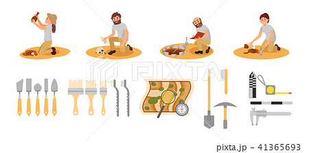 Flat Vector Set Of Archaeologists And Tools Stock Illustration