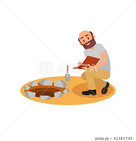 Archaeologist sitting near pit and making notes in folder. Bald-headed man with beard Archaeologist sitting near pit and making notes in folder. Bald-headed man with beard 41365742