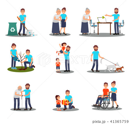 Flat vector set of young volunteers in action planting tree, picking plastic bottles, walking with 41365759