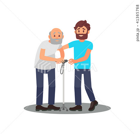 Young guy caring for senior man. Grandpa with walking stick and friendly volunteer. Social worker 41365768