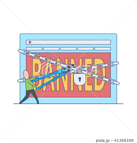 Banned website concept with flat cartoon male person trying to break chains around blocked web page. Banned website concept with flat cartoon male person trying to break chains around blocked web page. 41366309