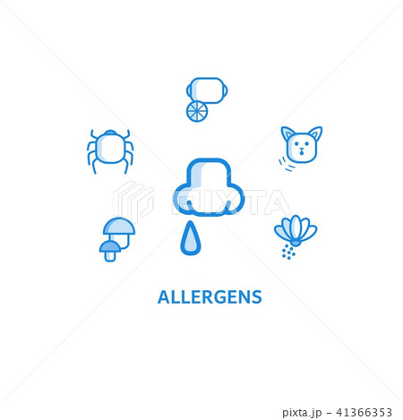Allergy outline icons set with runny nose and various allergens around it isolated on white Allergy outline icons set with runny nose and various allergens around it isolated on white 41366353