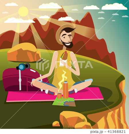 Backpacker rests on a grassland in the mountains 41368821