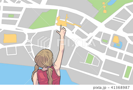 Young girl looking pointing on destination on map Young girl looking pointing on destination on map 41368987