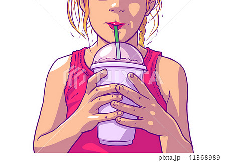 Girl Drinking Juice Soda Shake With Straw Vectorのイラスト素材 41368989 Pixta