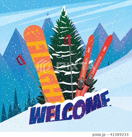 Steep slope with sports equipment in snow and tree 41369233