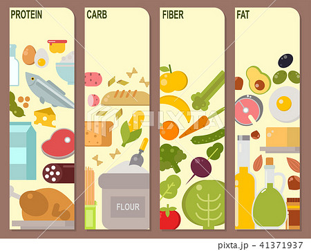 Everyday food common goods organic cards products we get by shopping in supermarket vector 41371937