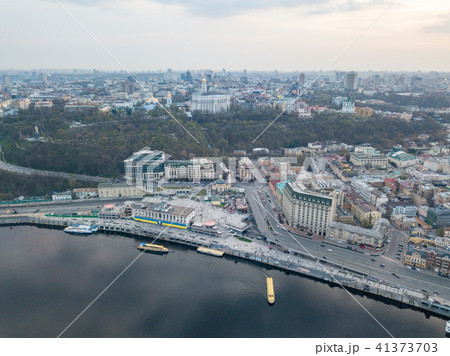 The panoramic bird's eye view shooting from drone of the Podol district, the right bank of the The panoramic bird's eye view shooting from drone of the Podol district, the right bank of the 41373703