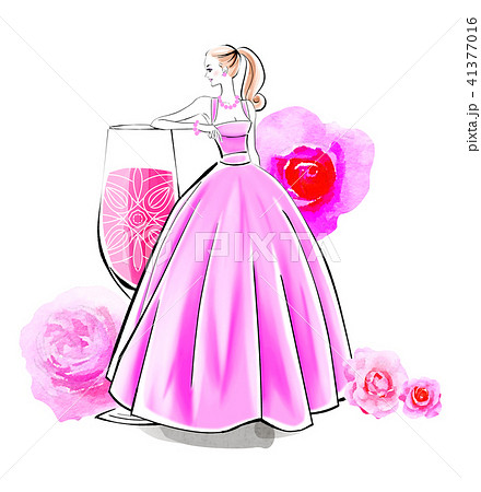 薔薇のカクテルとドレスのイラスト素材