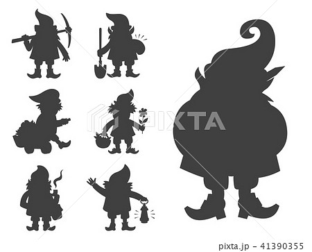 Fairy tale fantastic gnome dwarf elf character black silhouette poses magical leprechaun cute fairy Fairy tale fantastic gnome dwarf elf character black silhouette poses magical leprechaun cute fairy 41390355
