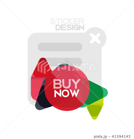 Flat design triangle arrow shape geometric sticker icon, paper style design with buy now sample text 41394145