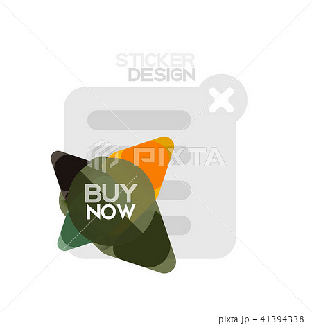 Flat design triangle arrow shape geometric sticker icon, paper style design with buy now sample text 41394338