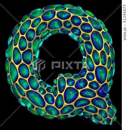 Golden shining metallic 3D with green glass symbol capital letter Q - uppercase isolated on black 41394875