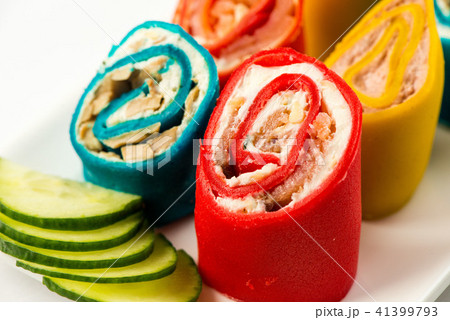 multi-colored multi-colored multi roll power source salad on a white plate on a white background multi-colored multi-colored multi roll power source salad on a white plate on a white background 41399793