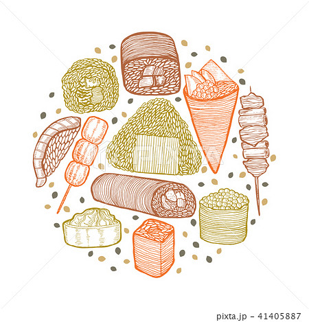 Round Colored Composition with Japanese Food in Hand-Drawn Style Round Colored Composition with Japanese Food in Hand-Drawn Style 41405887