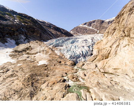 Aerial drone of Nigardsbreen glacier in Nigardsvatnet Jostedalsbreen national park in Norway in a Aerial drone of Nigardsbreen glacier in Nigardsvatnet Jostedalsbreen national park in Norway in a 41406381