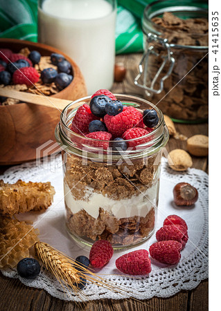 Tasty breakfast with milk and fruit. Tasty breakfast with milk and fruit. 41415635